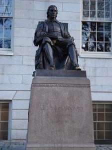Statue of John Harvard, the eponymous benefactor of Harvard University, at Harvard Yard, Cambridge, Massachussets